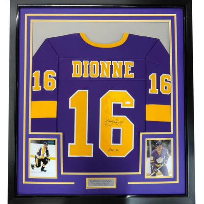 Framed Autographed Marcel Dionne HOF 92 35x39 Los Angeles LA Purple Hockey Jersey JSA COA | Hall of Fame Sports Memorabilia | vintageantiquesgifts.com