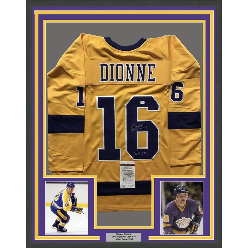 Framed Autographed Marcel Dionne HOF 92 35x39 Los Angeles LA Yellow Hockey Jersey JSA COA | Hall of Fame Sports Memorabilia | vintageantiquesgifts.com