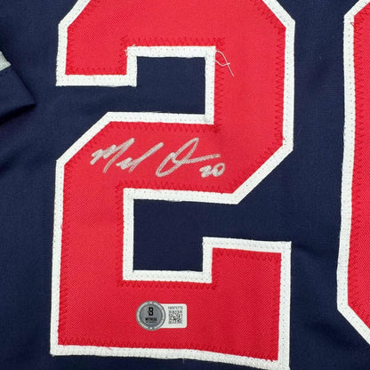 Blue Marcell Ozuna Braves jersey with autograph, professionally framed, Beckett BAS certified