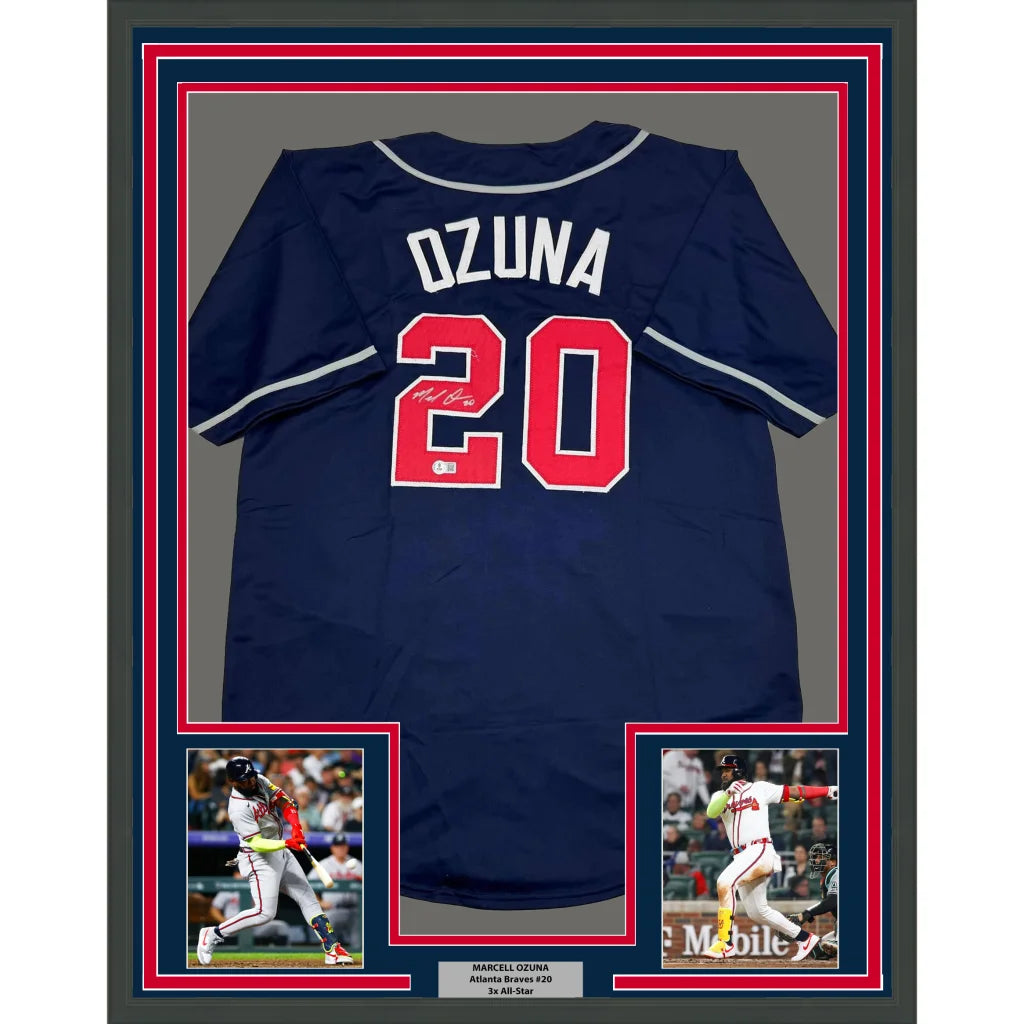 Professionally framed Marcell Ozuna Braves jersey with player photos and Beckett BAS cert