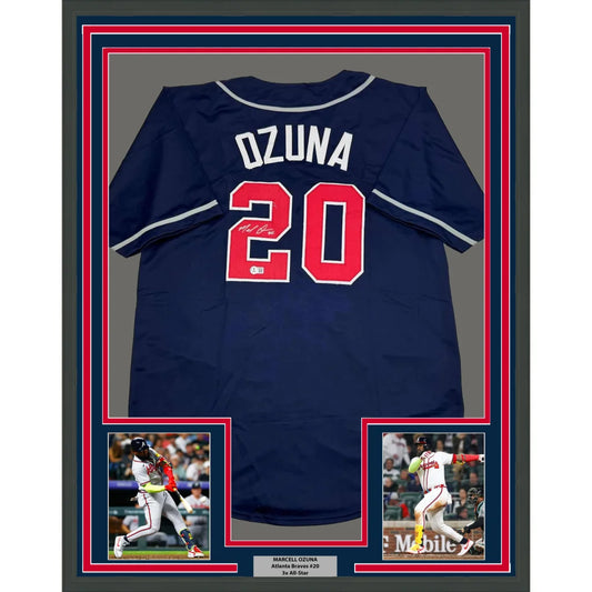 Professionally framed Marcell Ozuna Braves jersey with player photos and Beckett BAS cert