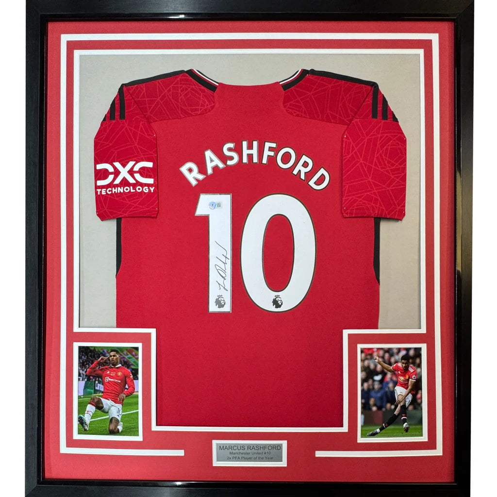 Framed Autographed Marcus Rashford 35x39 Manchester United Red Soccer Jersey Beckett BAS COA | Hall of Fame Sports Memorabilia | vintageantiquesgifts.com
