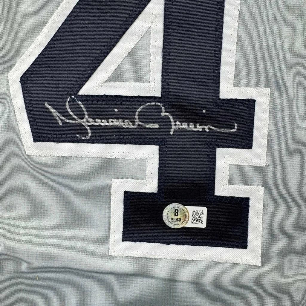 Framed Autographed Mariano Rivera 35x39 New York Grey Baseball Jersey Beckett BAS COA Holo | Certified Authentic Signed Memorabilia | vintageantiquesgifts.com