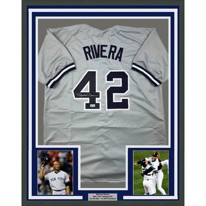 Framed Autographed Mariano Rivera 35x39 New York Grey Baseball Jersey Beckett BAS COA Holo | Hall of Fame Sports Memorabilia | vintageantiquesgifts.com