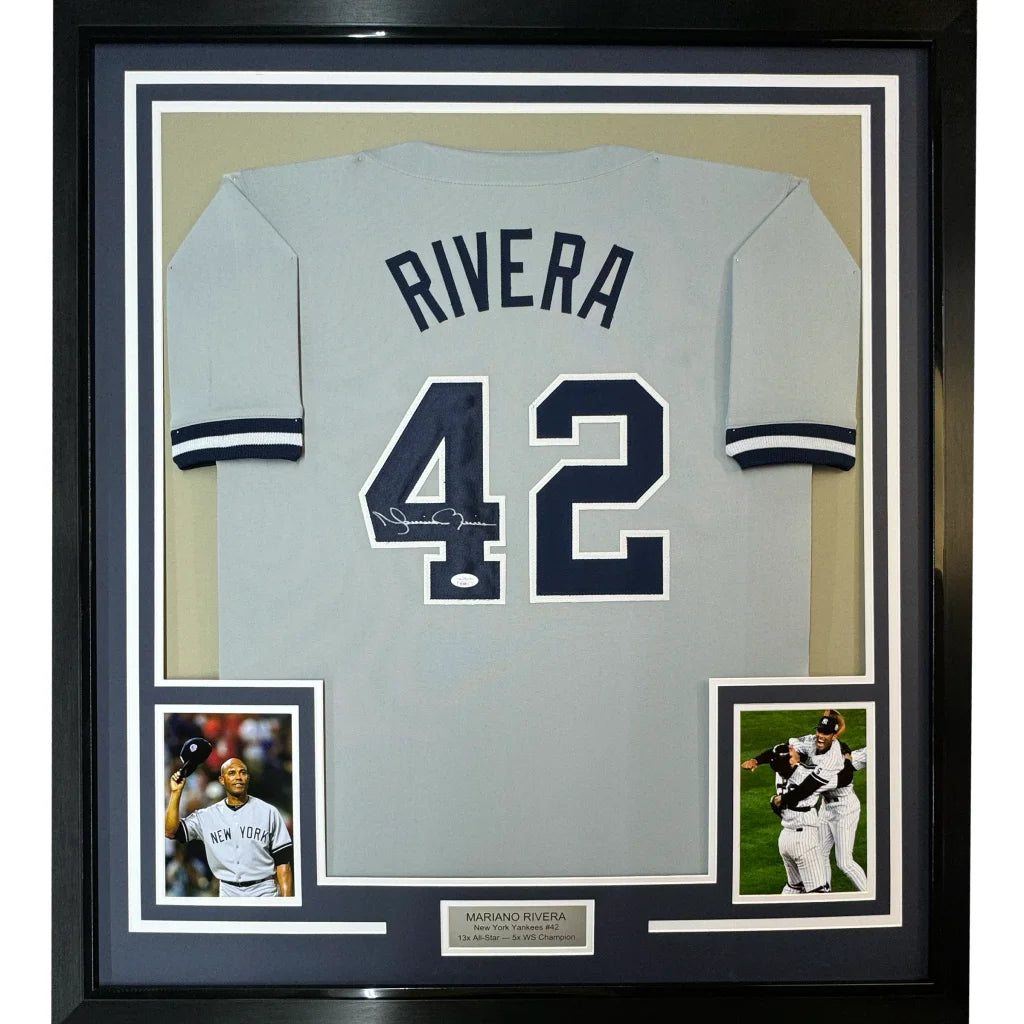 Framed Autographed Mariano Rivera 35x39 New York Grey Baseball Jersey JSA COA/LOA | Hall of Fame Sports Memorabilia | vintageantiquesgifts.com