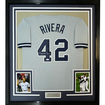 Framed Autographed Mariano Rivera 35x39 New York Grey Baseball Jersey JSA COA/LOA | Hall of Fame Sports Memorabilia | vintageantiquesgifts.com