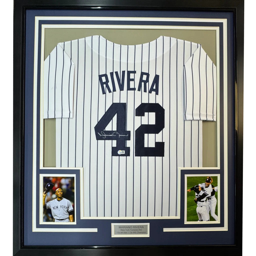 Framed Autographed Mariano Rivera 35x39 New York Pinstripe Baseball Jersey Beckett BAS COA Holo | Hall of Fame Sports Memorabilia | vintageantiquesgifts.com