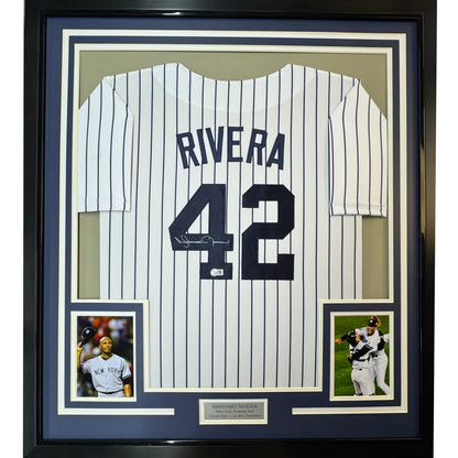Framed Autographed Mariano Rivera 35x39 New York Pinstripe Baseball Jersey Beckett BAS COA Holo | Hall of Fame Sports Memorabilia | vintageantiquesgifts.com