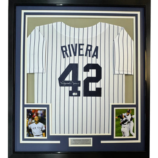 Framed Autographed Mariano Rivera 35x39 New York Pinstripe Baseball Jersey Beckett BAS COA Holo | Hall of Fame Sports Memorabilia | vintageantiquesgifts.com