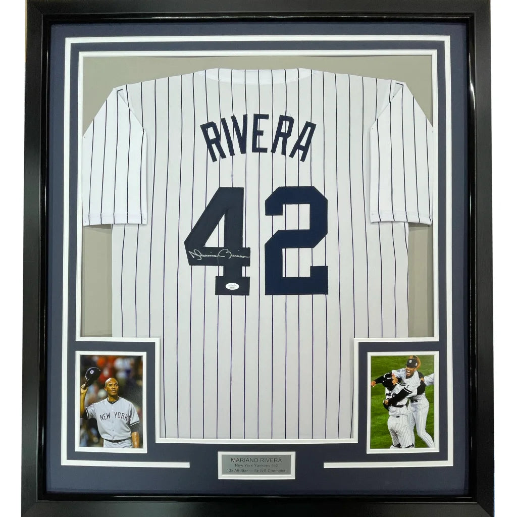 Framed Autographed Mariano Rivera 35x39 New York Pinstripe Baseball Jersey JSA COA/LOA | Hall of Fame Sports Memorabilia | vintageantiquesgifts.com