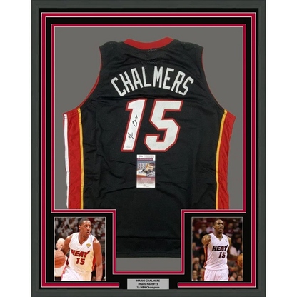 Framed Mario Chalmers Miami Heat #15 autographed jersey with two player photos and championship plaque