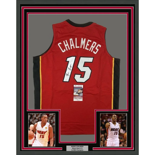 Framed autographed Mario Chalmers red Miami Heat jersey with number 15
