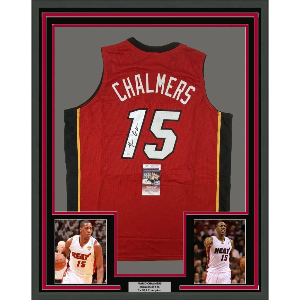 Framed Mario Chalmers Miami Heat #15 jersey with autographs and player photos for your man cave