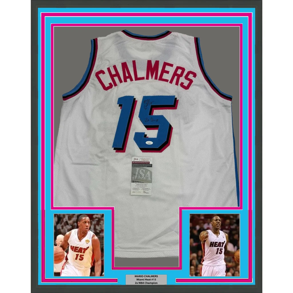 Framed Autographed Mario Chalmers 35x39 Miami Vice White Basketball Jersey JSA COA | Hall of Fame Sports Memorabilia | vintageantiquesgifts.com