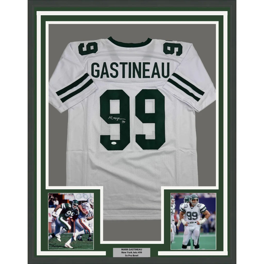 Framed Autographed Mark Gastineau 35x39 New York White Football Jersey JSA COA | Hall of Fame Sports Memorabilia | vintageantiquesgifts.com