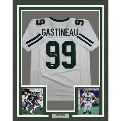Framed Autographed Mark Gastineau 35x39 New York White Football Jersey JSA COA | Hall of Fame Sports Memorabilia | vintageantiquesgifts.com
