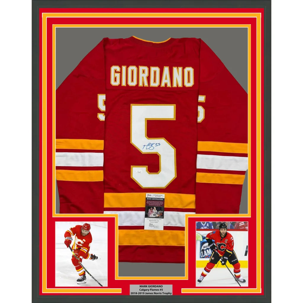 Framed Autographed Mark Giordano 35x39 Calgary Red Hockey Jersey JSA COA | Hall of Fame Sports Memorabilia | vintageantiquesgifts.com