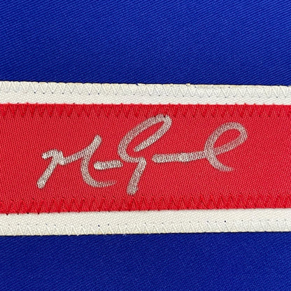 Framed autographed Mark Grace Chicago Blue jersey with red woven label