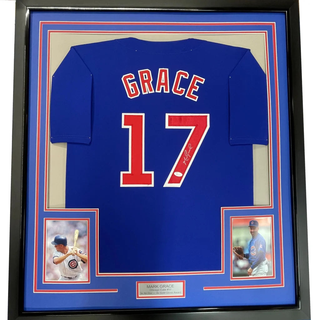 Framed autographed Mark Grace Chicago Cubs blue jersey with number 17