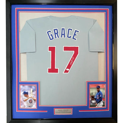 Framed Autographed Mark Grace 35x39 Chicago Grey Baseball Jersey JSA COA | Hall of Fame Sports Memorabilia | vintageantiquesgifts.com