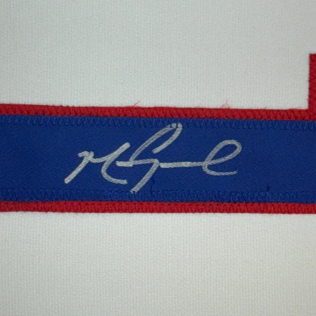 Autographed blue and red ribbon on white fabric for Epic Mark Grace Cubs Jersey Shrine