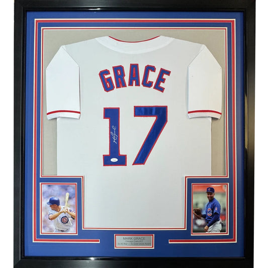 Framed Mark Grace Cubs jersey with autographs, player photos, and plaque for man cave