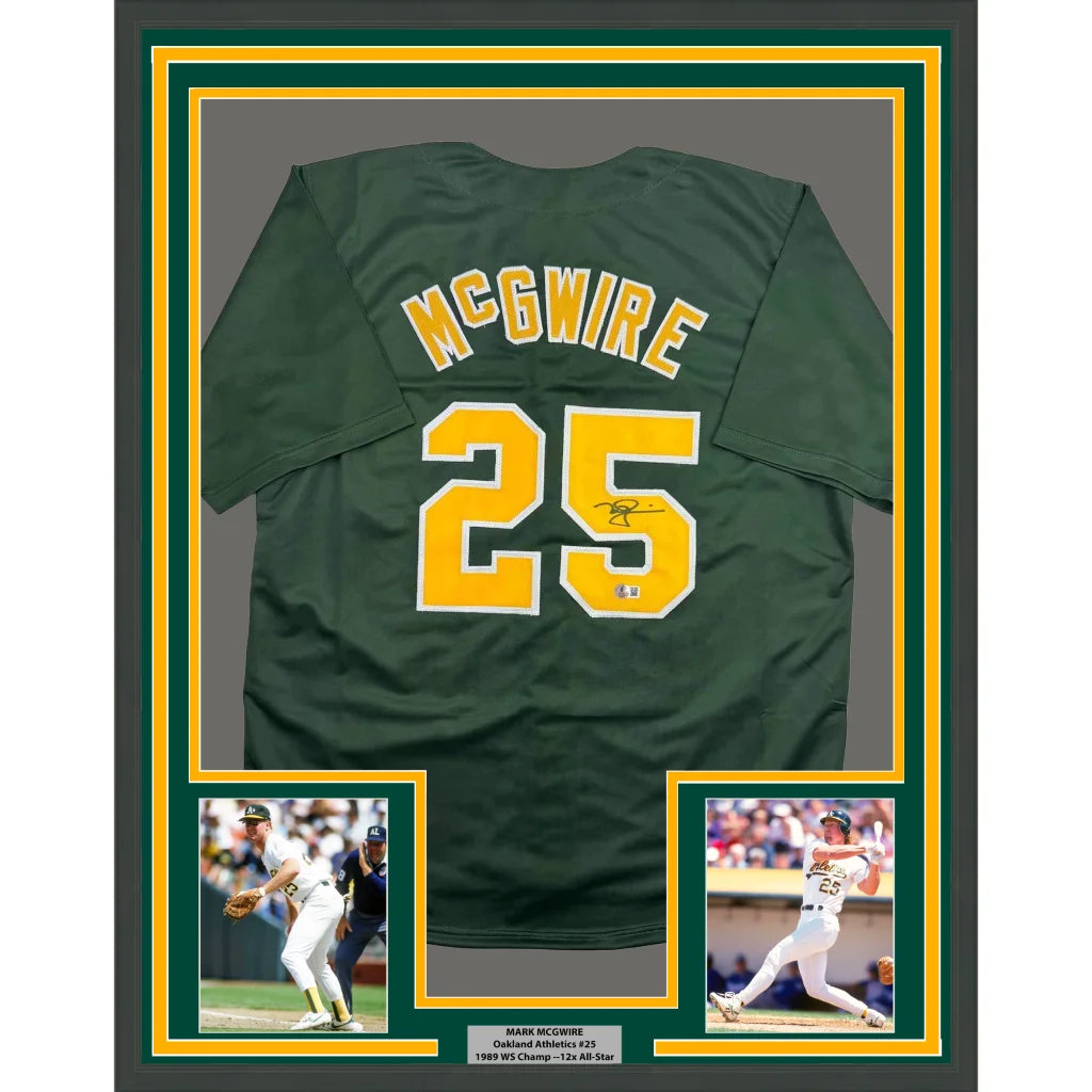 Framed autographed Mark McGwire green Oakland Athletics jersey with photos, Beckett BAS COA
