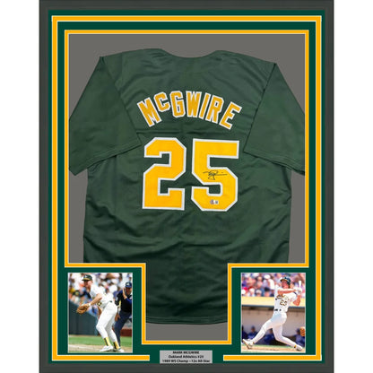 Framed autographed Mark McGwire green Oakland Athletics jersey with photos, Beckett BAS COA