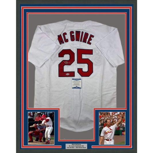 Framed autographed Mark McGwire St. Louis white jersey back with red name 25 JSA COA
