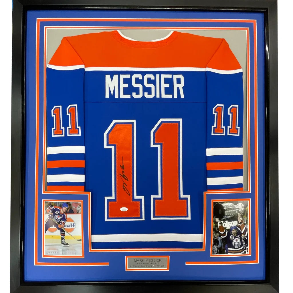 Framed Autographed Mark Messier 35x39 Edmonton Blue Hockey Jersey JSA COA | Hall of Fame Sports Memorabilia | vintageantiquesgifts.com