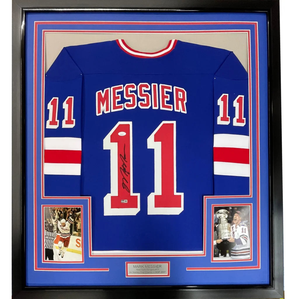 Framed Mark Messier signed New York Rangers jersey with photos and plaque for fans