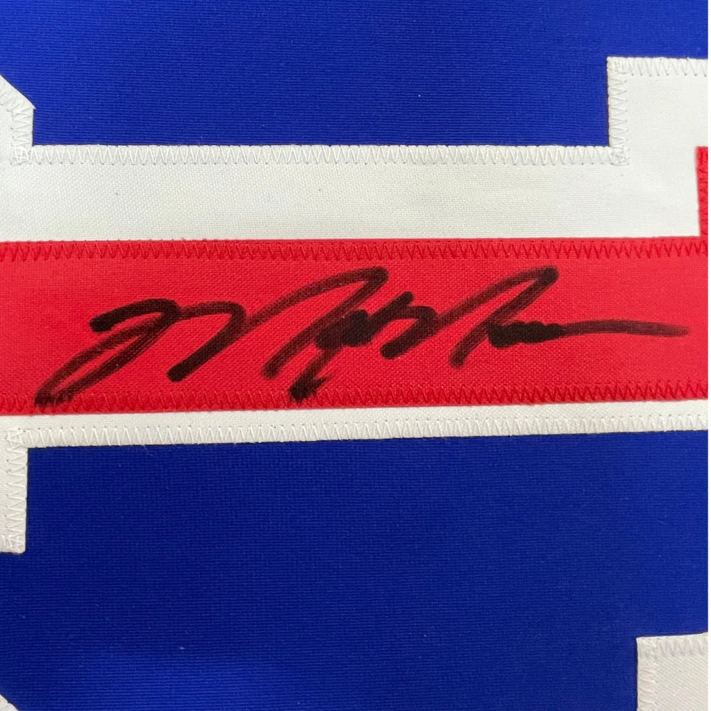 Blue and white Mark Messier Rangers jersey with red stripe and autograph in a frame