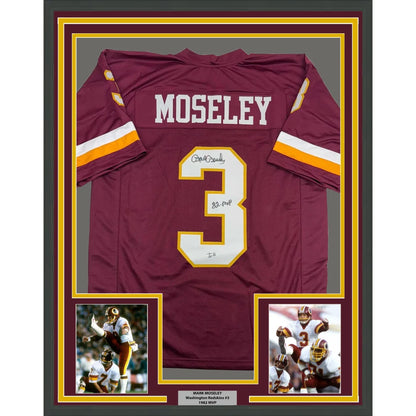 Framed Mark Moseley signed burgundy football jersey with action photos for your man cave