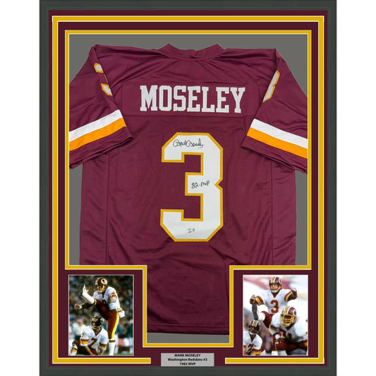 Framed Mark Moseley signed burgundy football jersey with action photos for your man cave