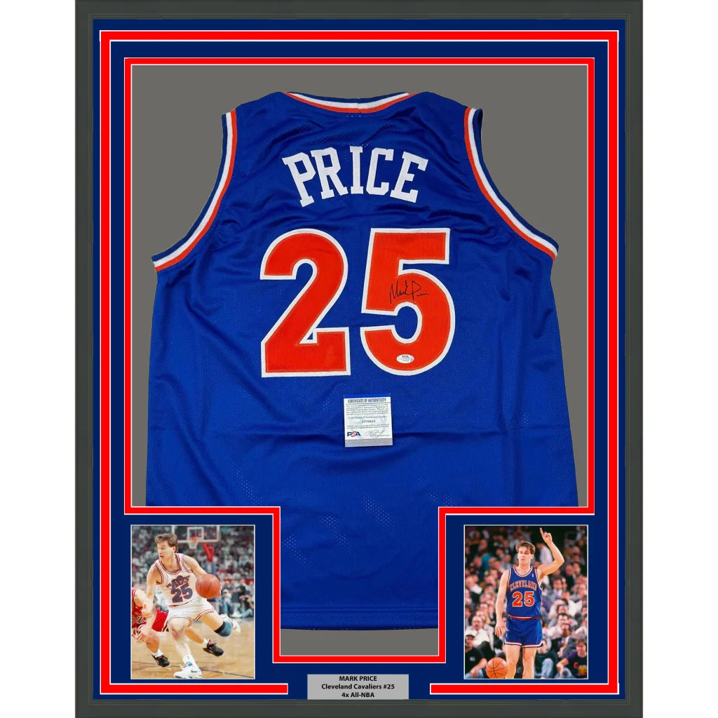 Framed Autographed Mark Price 35x39 Cleveland Blue Basketball Jersey PSA COA | Hall of Fame Sports Memorabilia | vintageantiquesgifts.com