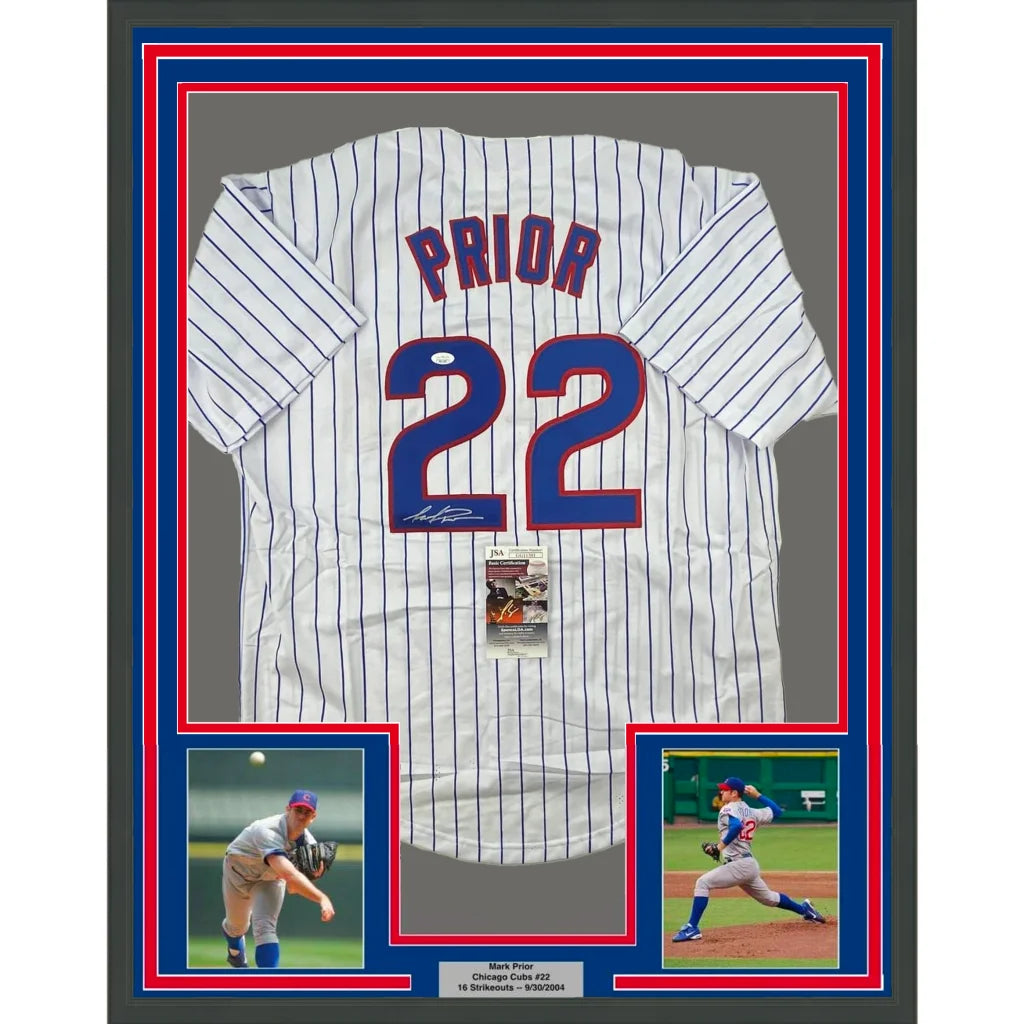 Framed Mark Prior autographed Chicago Cubs jersey displayed in a Man Cave setup