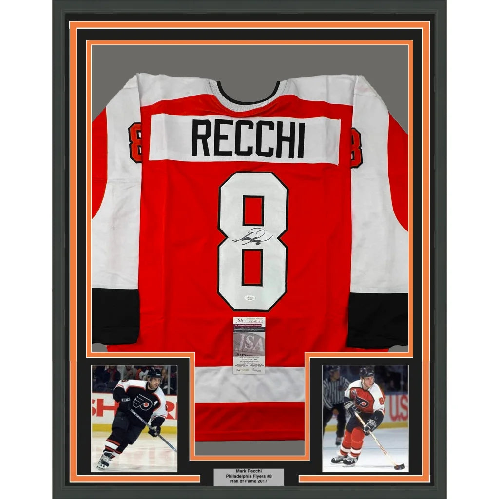 Framed Autographed Mark Recchi 35x39 Philadelphia Orange Hockey Jersey JSA COA | Hall of Fame Sports Memorabilia | vintageantiquesgifts.com