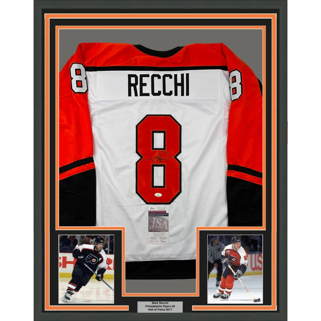 Framed Autographed Mark Recchi 35x39 Philadelphia White Hockey Jersey JSA COA | Hall of Fame Sports Memorabilia | vintageantiquesgifts.com