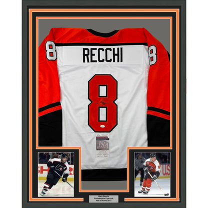 Framed Autographed Mark Recchi 35x39 Philadelphia White Hockey Jersey JSA COA | Hall of Fame Sports Memorabilia | vintageantiquesgifts.com