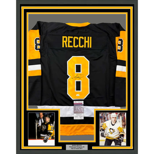 Framed autographed Mark Recchi Pittsburgh Black Hockey Jersey for your man cave display