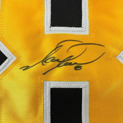 Yellow fabric sports jersey with black and white numbers and black autograph for your man cave