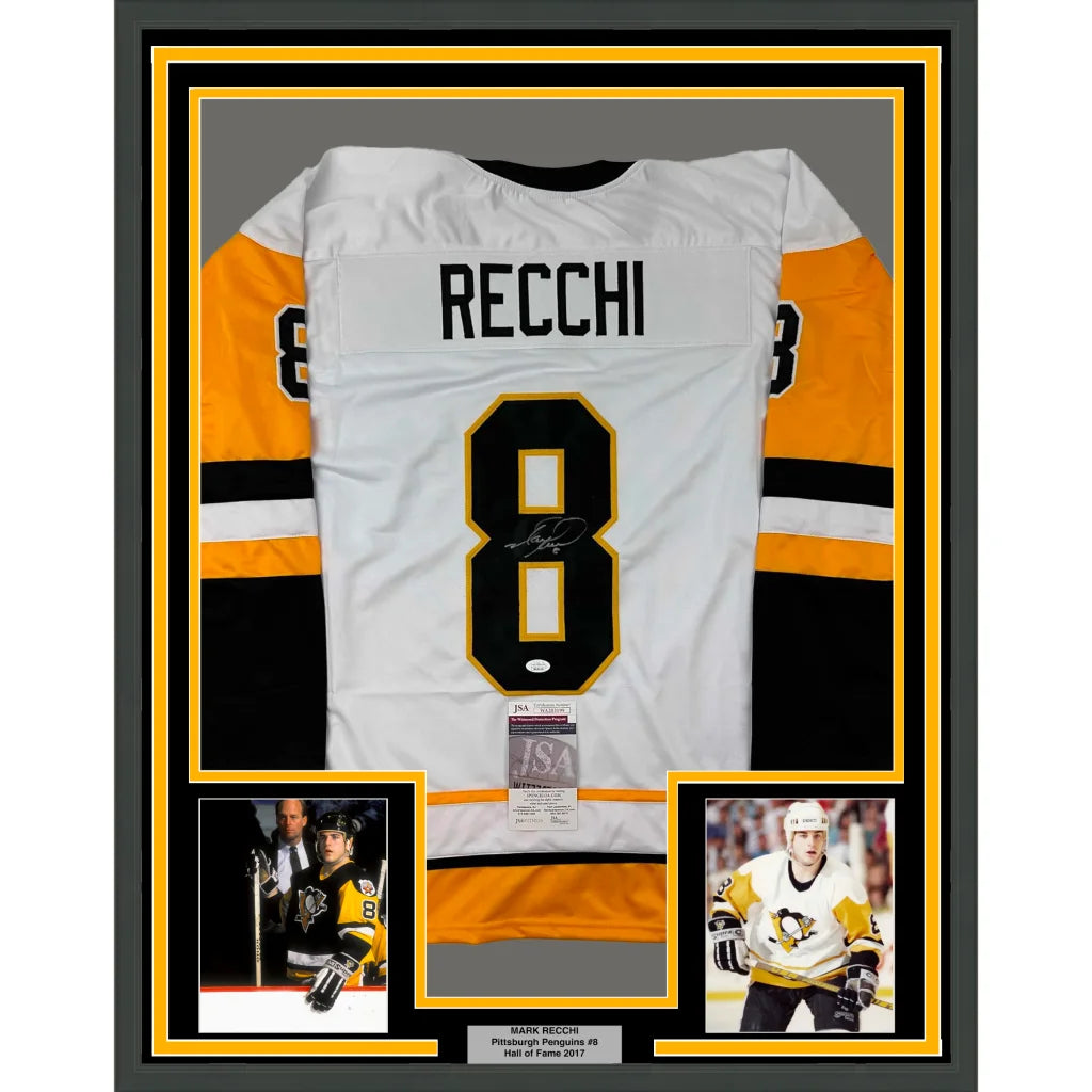 Framed Autographed Mark Recchi 35x39 Pittsburgh White Hockey Jersey JSA COA | Hall of Fame Sports Memorabilia | vintageantiquesgifts.com
