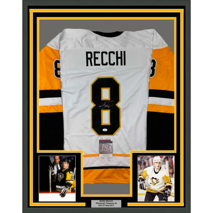 Framed Autographed Mark Recchi 35x39 Pittsburgh White Hockey Jersey JSA COA | Hall of Fame Sports Memorabilia | vintageantiquesgifts.com
