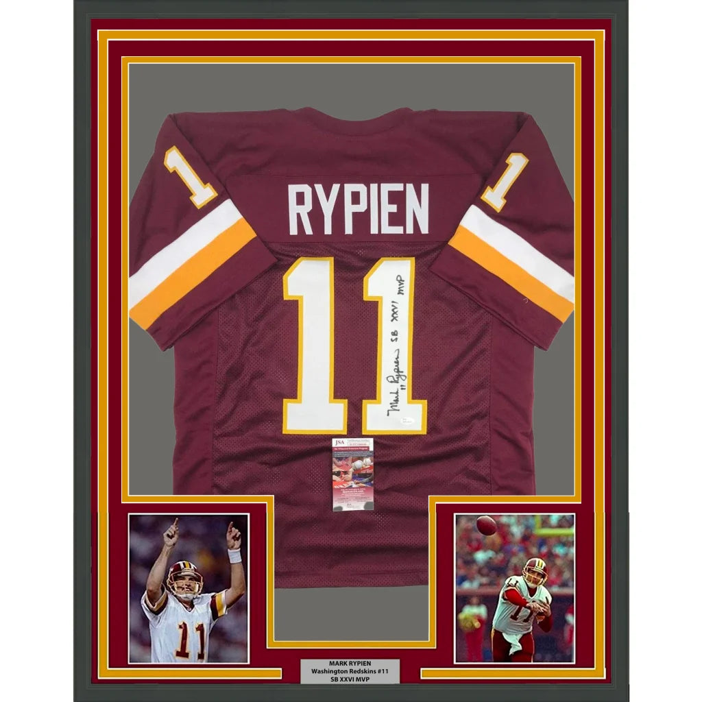 Framed Autographed Mark Rypien SB XXVI MVP 35x39 Washington Burgundy Football Jersey JSA COA | Hall of Fame Sports Memorabilia | vintageantiquesgifts.com