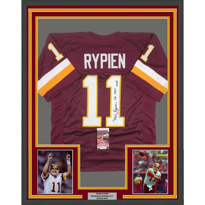 Framed Autographed Mark Rypien SB XXVI MVP 35x39 Washington Burgundy Football Jersey JSA COA | Hall of Fame Sports Memorabilia | vintageantiquesgifts.com