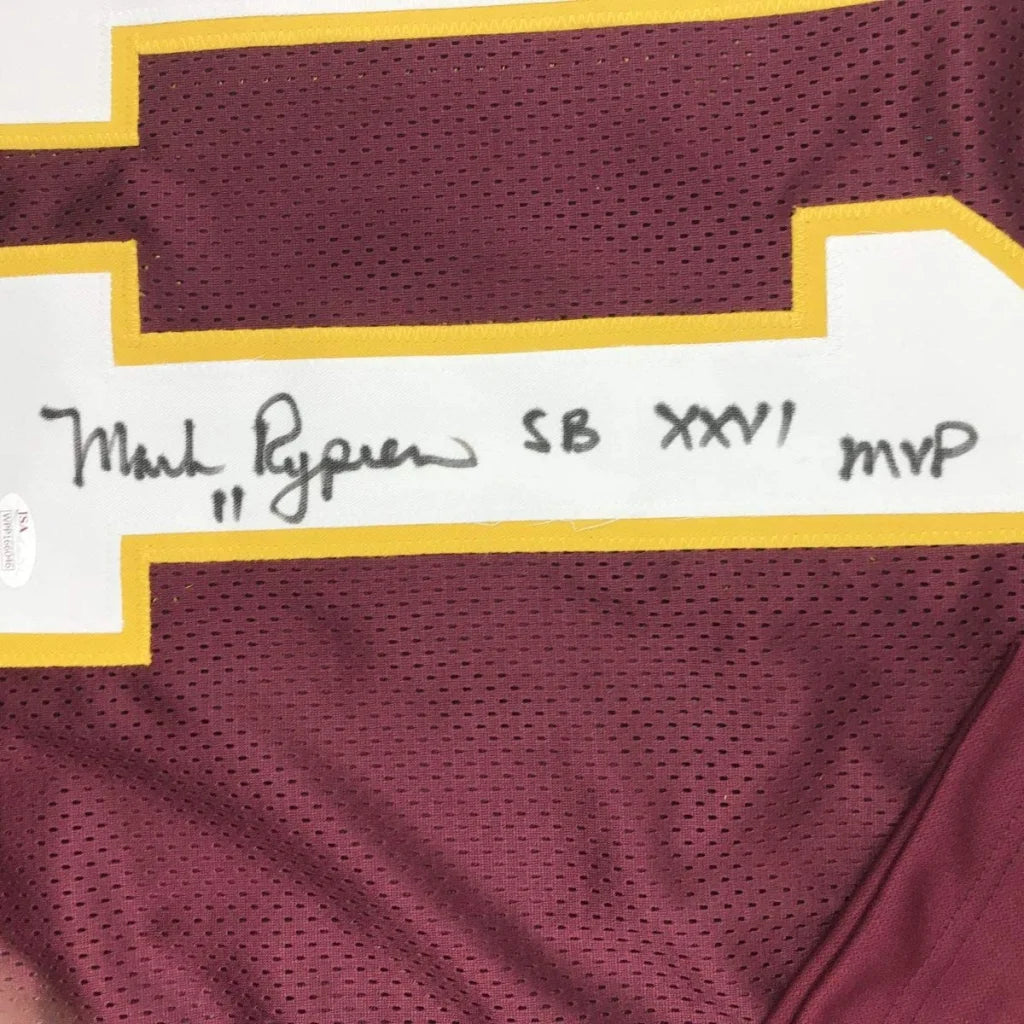 Framed Autographed Mark Rypien SB XXVI MVP 35x39 Washington Burgundy Football Jersey JSA COA | Certified Authentic Signed Memorabilia | vintageantiquesgifts.com