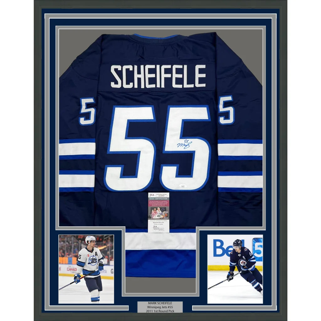 Framed Autographed Mark Scheifele 35x39 Winnipeg Blue Hockey Jersey JSA COA | Hall of Fame Sports Memorabilia | vintageantiquesgifts.com