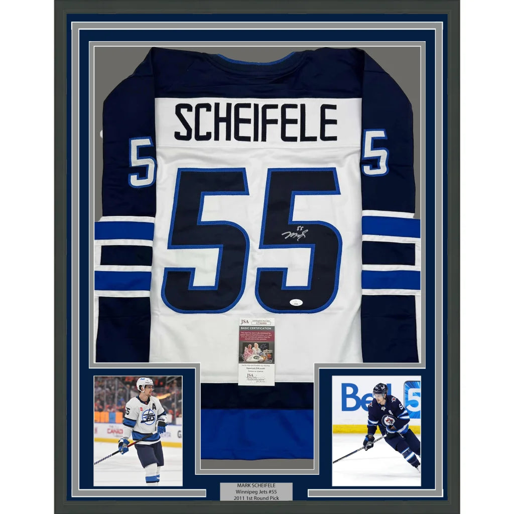 Framed Autographed Mark Scheifele 35x39 Winnipeg White Hockey Jersey JSA COA | Hall of Fame Sports Memorabilia | vintageantiquesgifts.com