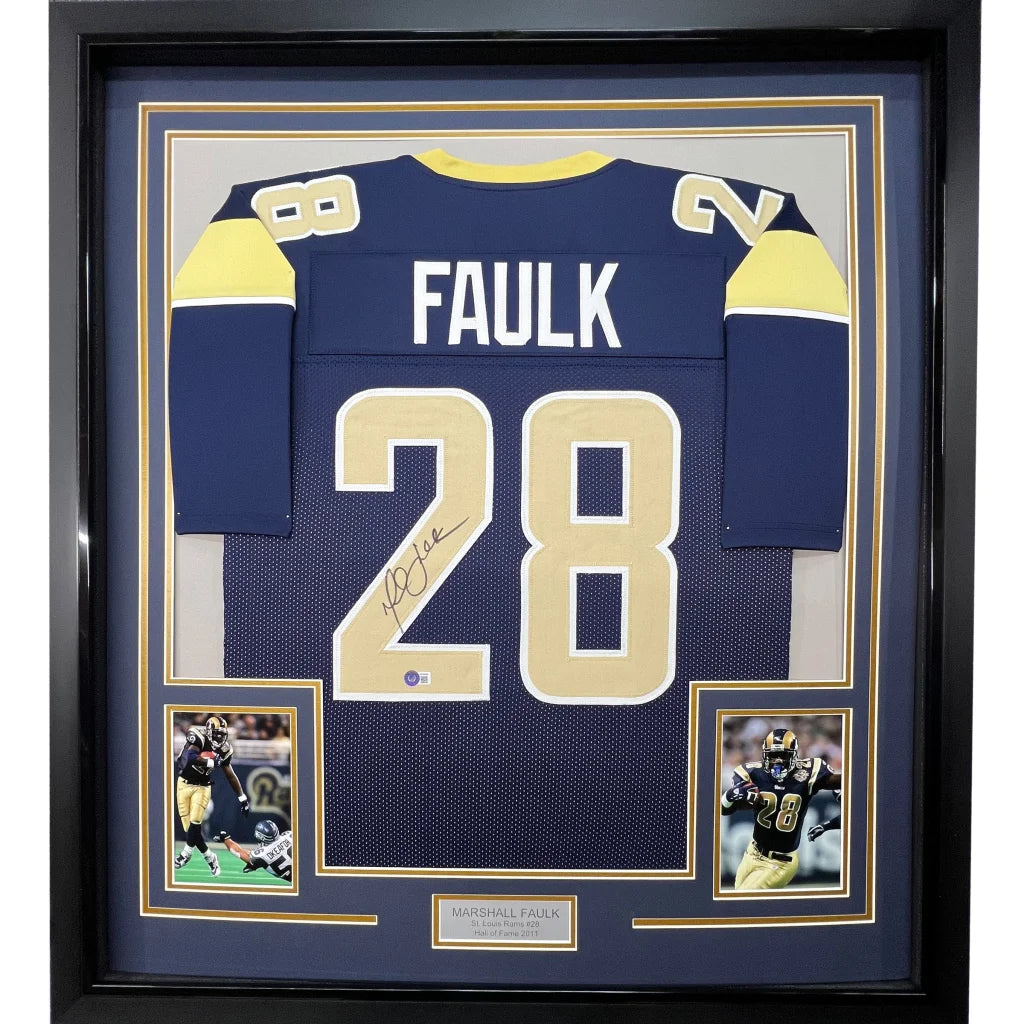 Framed Autographed Marshall Faulk 35x39 St. Louis Navy Blue Football Jersey Beckett BAS COA | Hall of Fame Sports Memorabilia | vintageantiquesgifts.com