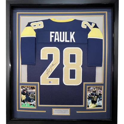Framed Autographed Marshall Faulk 35x39 St. Louis Navy Blue Football Jersey Beckett BAS COA | Hall of Fame Sports Memorabilia | vintageantiquesgifts.com